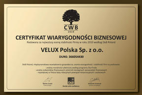 VELUX uhonorowany Certyfikatem Wiarygodności Biznesowej
