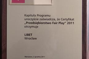 LIBET  z certyfikatem „Przedsiębiorstwo FAIR PLAY 2011”
