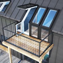 Rysunek okno balkonowe VELUX GEL. - taras o niezależnej konstrukcji zewnętrznej Konstrukcja ze ścianką kolankową. Dach o nachyleniu 35-53 stopnie.