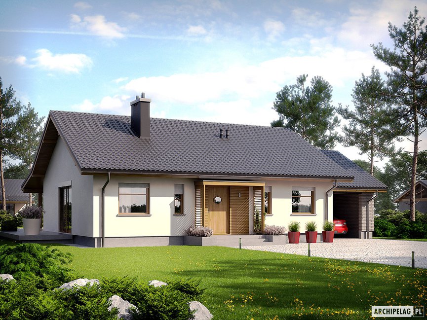 Wizualizacja projektu domu Kornel II (z wiatą) ENERGO