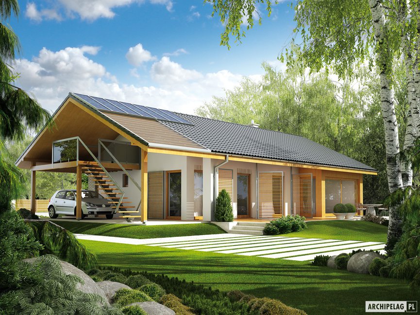 Wizualizacja projektu domu Eryk (z wiatą) 30 stopni