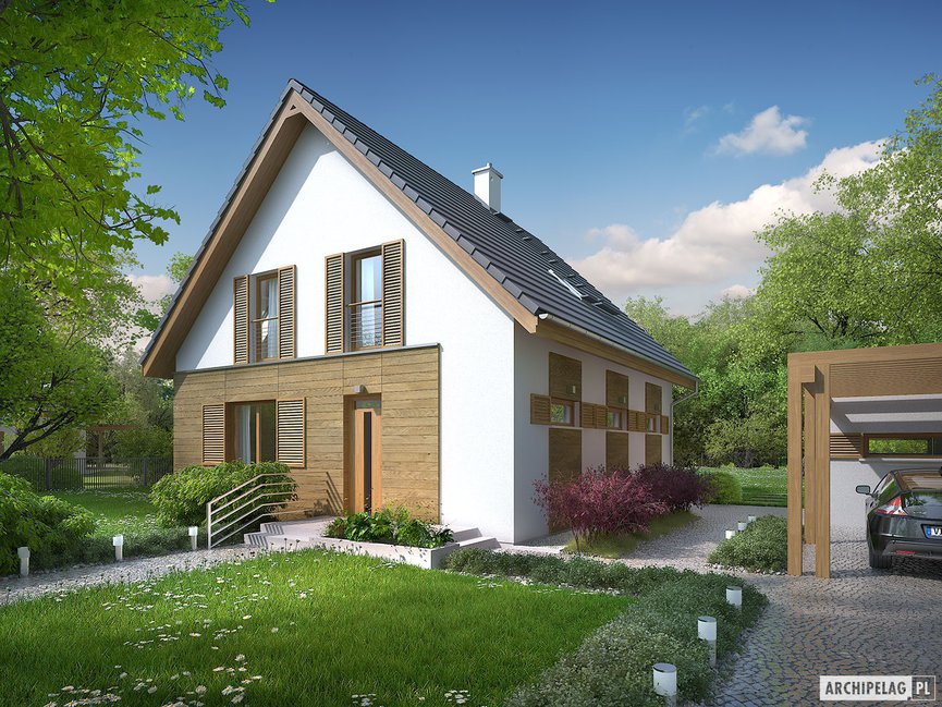 Wizualizacja projektu domu Julian (szkielet) z wiatą