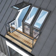 Rysunek okno balkonowe VELUX GEL - taras w konstrukcji dachu Konstrukcja bez ścianki kolankowej. Dach o nachyleniu 35-53 stopnie.