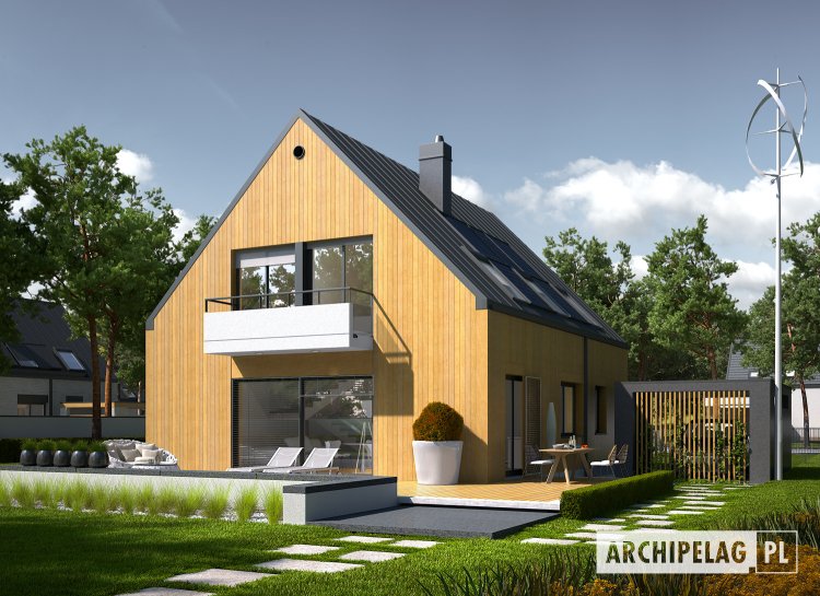 E9 ENERGO PLUS (wersja D) – drewniana elewacja harmonijnie współgra z grafitowym dachem i ascetycznymi detalami w tonacji eleganckiej bieli 
