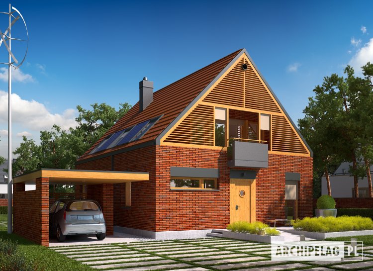 E9 ENERGO PLUS (wersja B) – oryginalna elewacja klinkierowa wzbogacona drewnianymi detalami