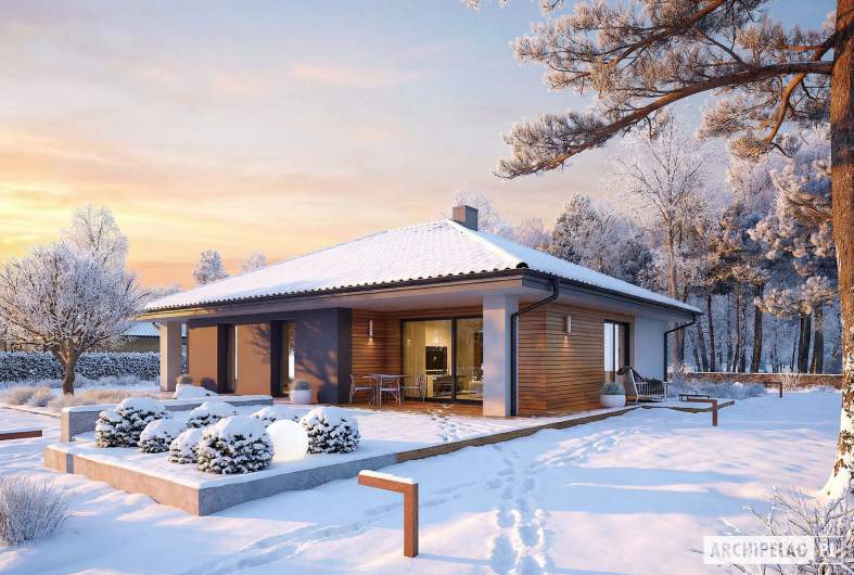 Projekt domu Mini 4 - wizualizacja ogrodowa zimowa