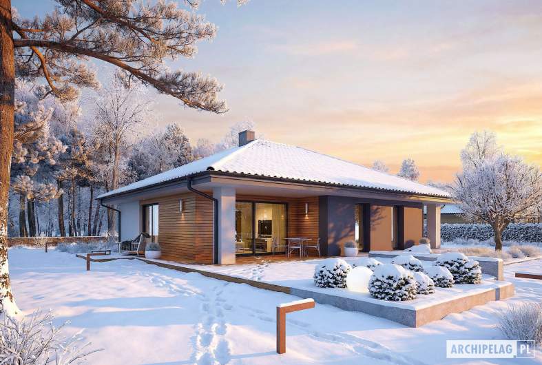 Projekt domu Mini 4 - wizualizacja ogrodowa zimowa