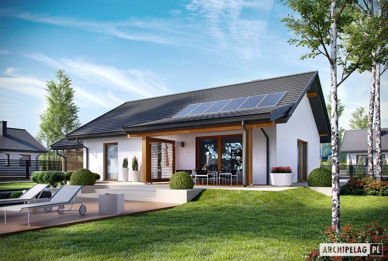 Projekt domu Kornel VI (z wiatą) ENERGO - wizualizacja ogrodowa