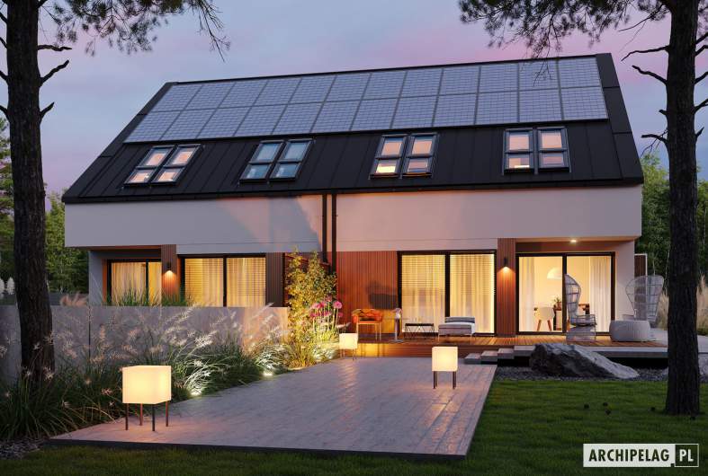 Projekt domu Lukas II G1 w. A ENERGO PLUS (bliźniak) - wizualizacja ogrodowa nocna