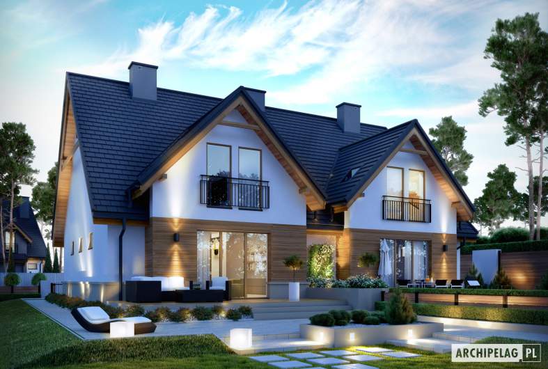 Projekt domu Sambor G1 (bliźniak) - wizualizacja ogrodowa nocna