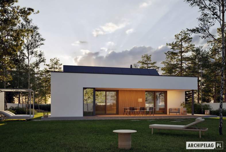 Projekt domu Mini 25 MODERN PLUS – wizualizacja ogrodowa nocna