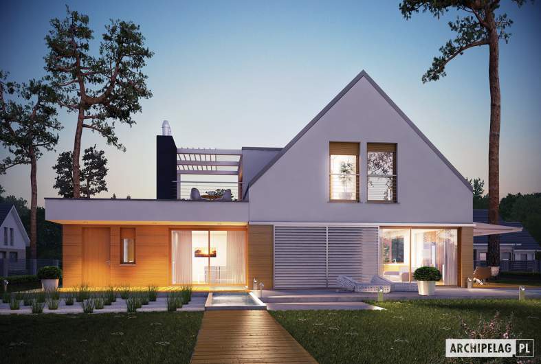 Projekt domu Neo G1 ENERGO  - wizualizacja ogrodowa nocna