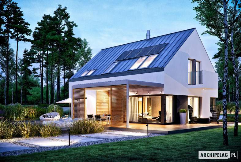 Projekt domu Nils II G2 ENERGO PLUS - wizualizacja ogrodowa nocna